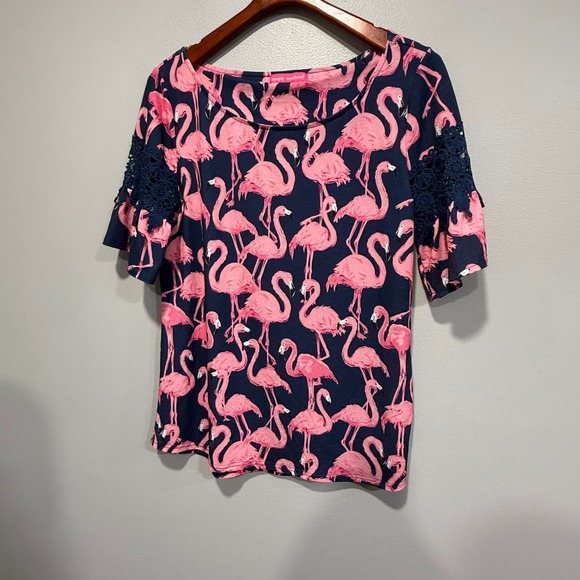 Simply Southern Tops - Simply Southern Navy Pink Flamingo Bell Sleeve Top Womens Small preppy costal